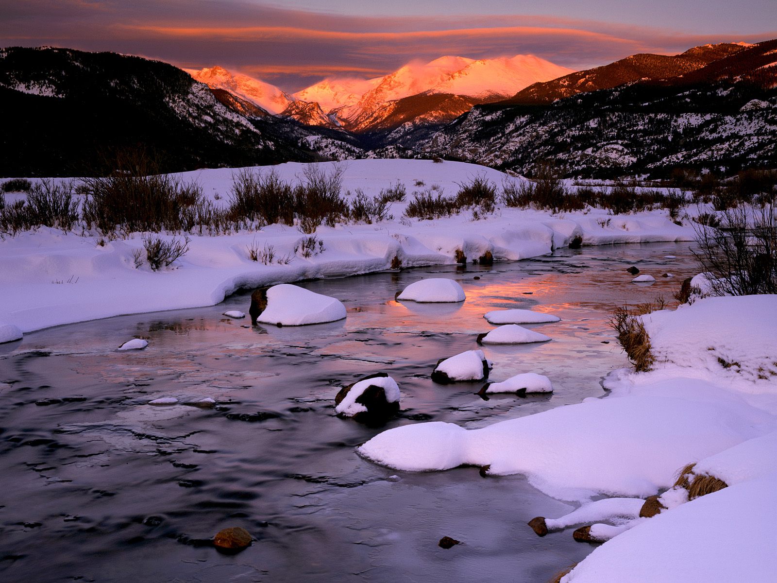 Winter Sunrise Over Big Thompson River, Rocky Mountain National Park, Colorado HD Wallpaper